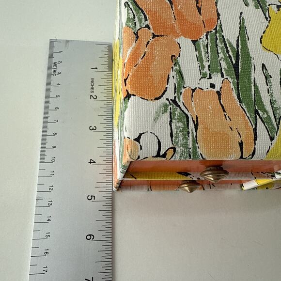 Vintage 1960s Jewelry Box 4-Drawer Orange Yellow Floral MCM Tulip Design 8x5 in - Picture 10 of 12